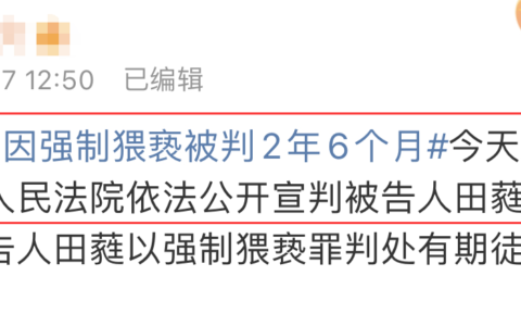 演员田蕤因强制猥亵被判2年6个月及又一男演员入狱