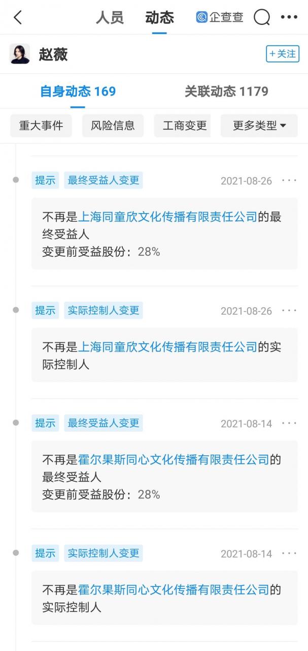 赵薇接连退出多家公司实控人,目前共关联14家公司