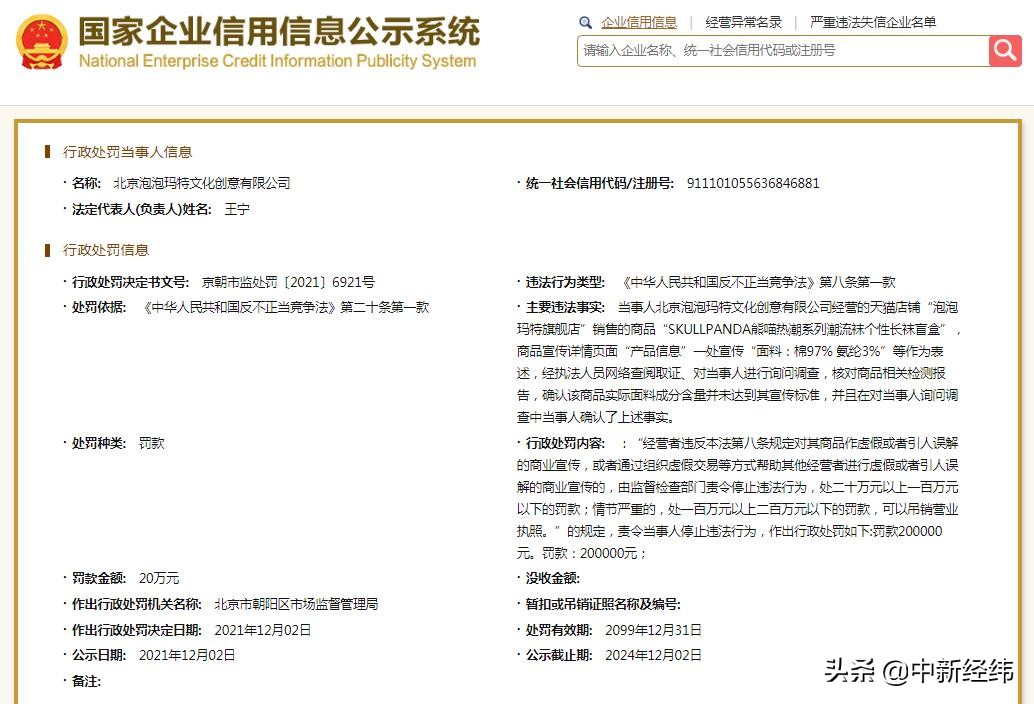 泡泡玛特长袜盲盒虚假宣传被罚20万
