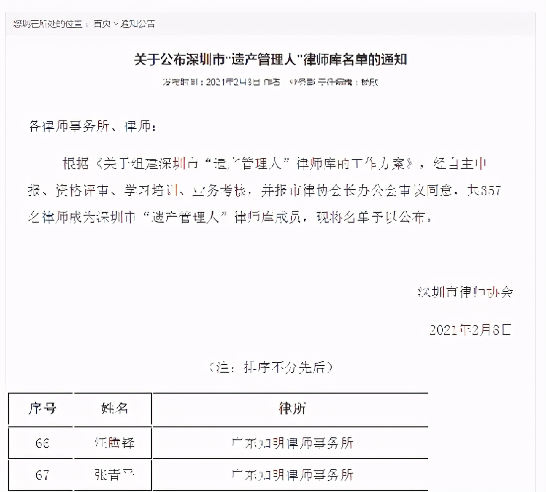 知明律所多位律师入选深圳市“遗产管理人”律师库名单
