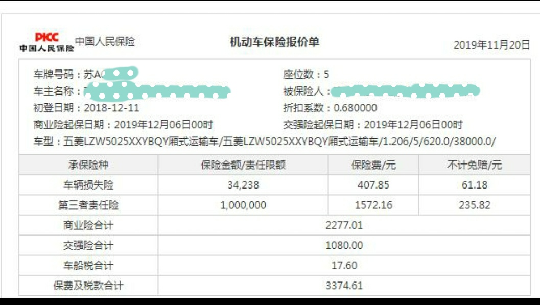 车险新规实行后蓝牌货车中国人保保费对比