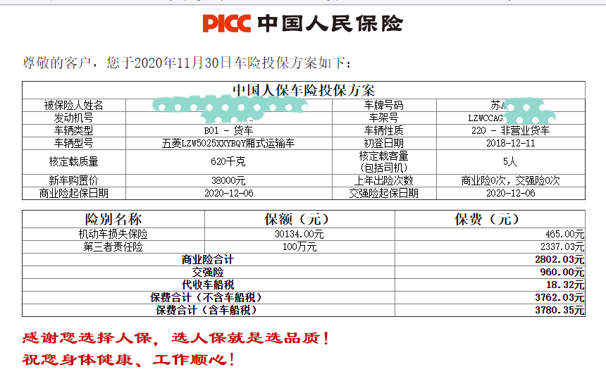 车险新规实行后蓝牌货车中国人保保费对比